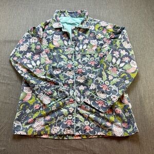 Nick & Nora Women’s Pajama Top Floral Owls Small Flannel  Cozy Long Sleeve Blue